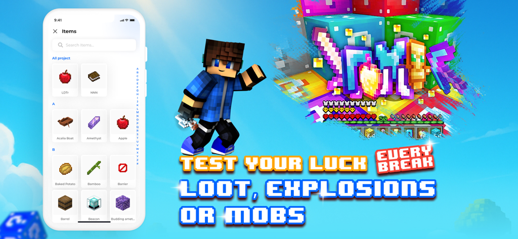 Aplicación Lucky Block para Minecraft que muestra la pantalla de selección de objetos y un gráfico de personaje.