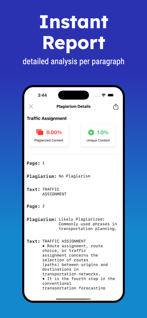 Plagiarism Checker - Detect AI - Pantalla móvil que muestra un informe detallado de plagio con análisis a nivel de párrafo