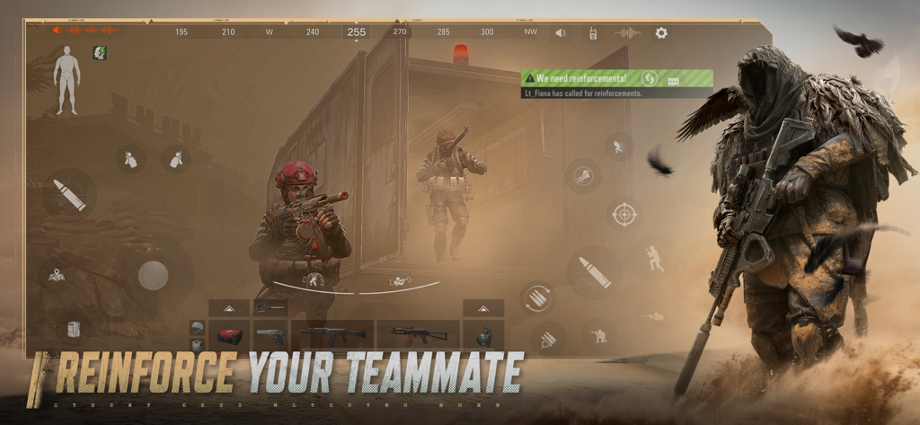 Arena Breakout gameplay showing the reinforce your teammate feature in a tactical sandstorm environment