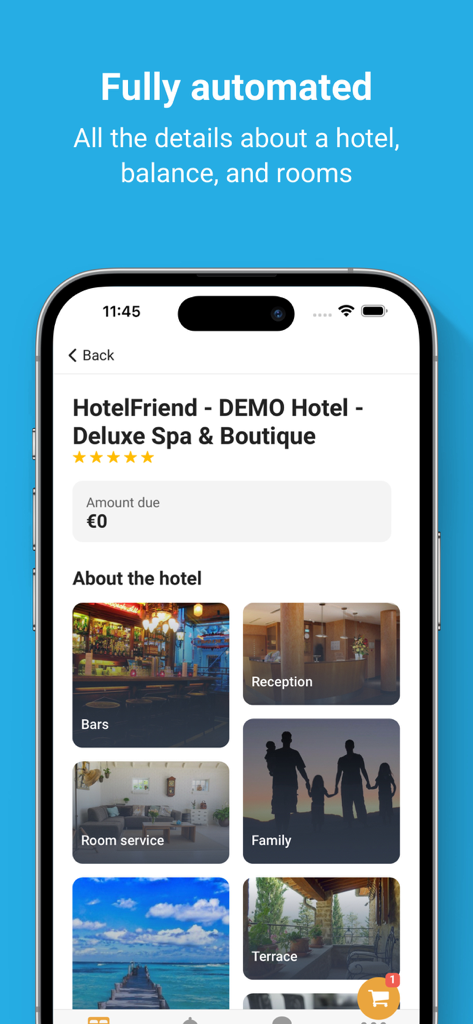 HotelFriend Guest Concierge - HotelFriend Guest Concierge app interface showing hotel details and automated services.