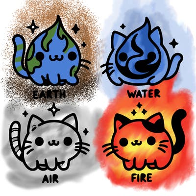 4 cats that represent the different elements, earth, water, air, and fire