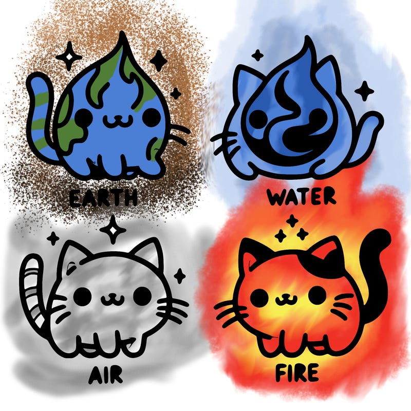 4 cats that represent the different elements, earth, water, air, and fire