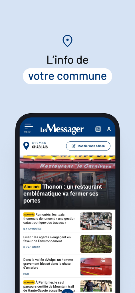 Interfaz móvil de la aplicación Le Messager que muestra noticias locales de la región de Haute-Savoie