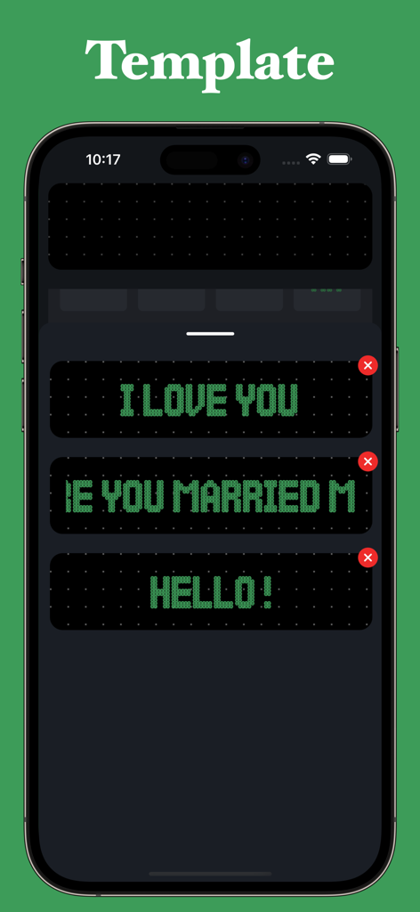 Schermata dell'iPhone che visualizza i modelli dell'app Ledsy con messaggi di testo scorrevole LED verde come Ti Amo e Ciao.