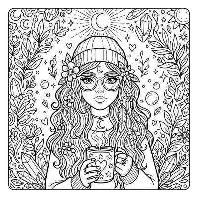 Unleash your artistic flair with this captivating boho teen portrait coloring page. Featuring a stylish girl surrounded by enchanting crystals, celestial moons, and intricate natural elements, it's perfect for teens seeking a trendy and relaxing coloring experience.