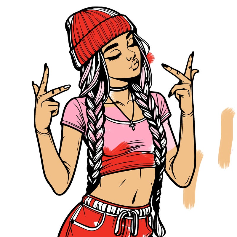 realistic teenage girl with braids and a beanie and crop top doing 🫶🏼