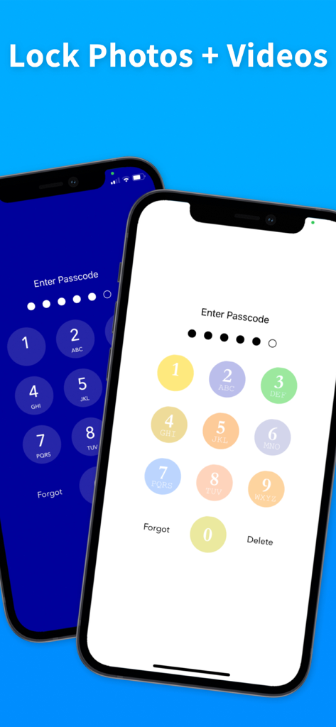 Photo Album Private Manager - Two iPhones showing the passcode entry screen with different themes to lock photos and videos