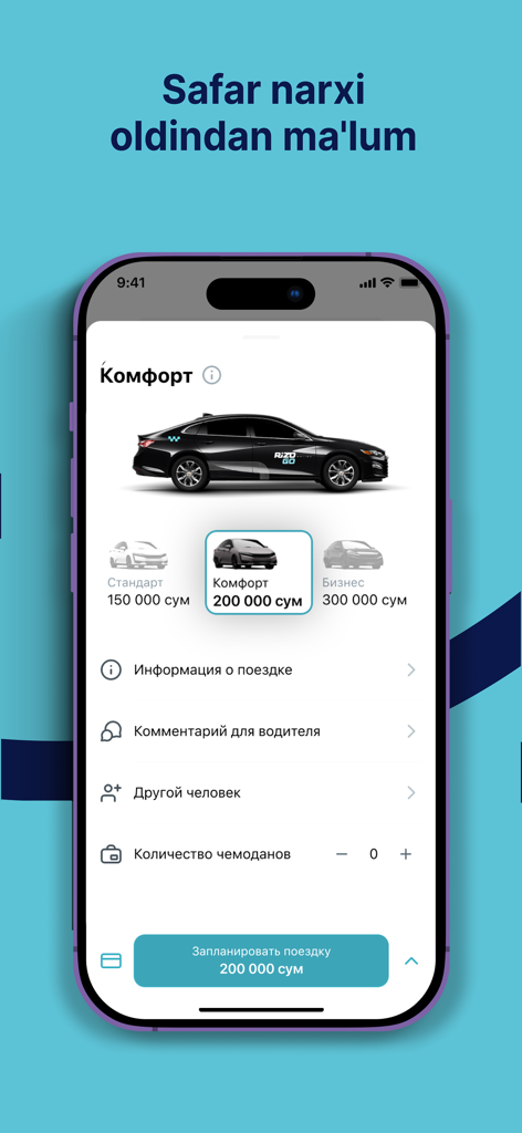 Rizo GO Mobile-App-Bildschirm zur Auswahl von Fahrtklassen und Buchungsdetails