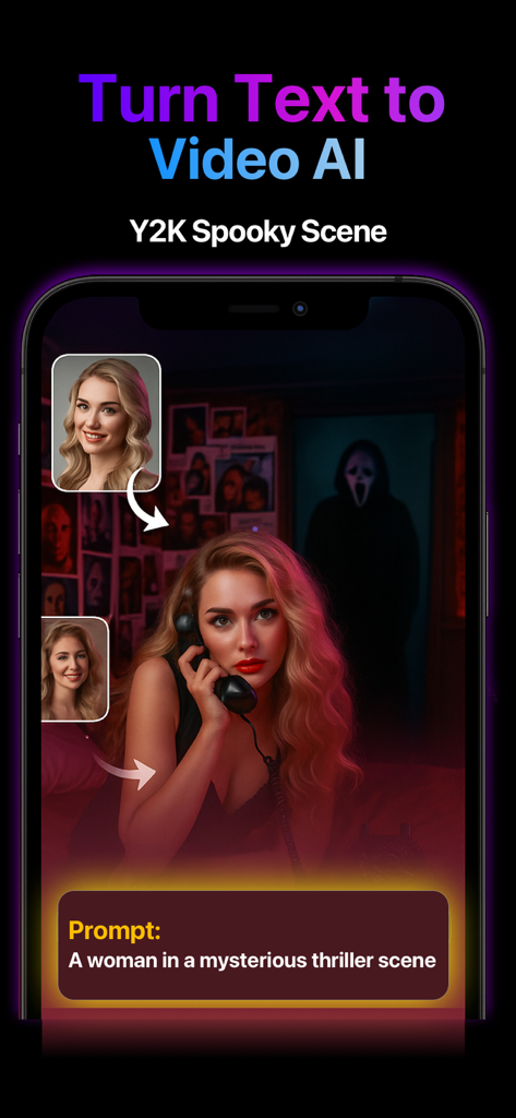 Una interfaz de aplicación móvil que muestra la generación de texto a video de una mujer en una escena de thriller misterioso.