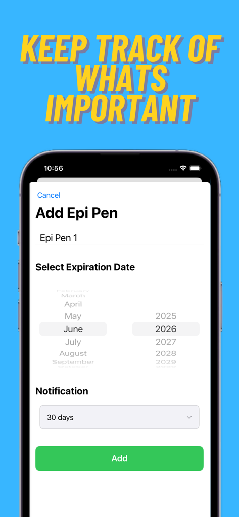 Allerly - Pantalla de la aplicación Allerly que muestra el formulario para agregar un EpiPen con nombre, selección de fecha de vencimiento y configuración de alerta de notificación.