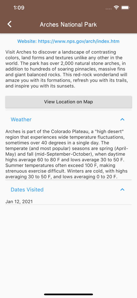 National Parks Tracker - Details page for Arches National Park in the tracker app showing park information weather details and visit dates