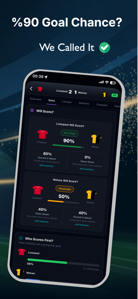 ScoreLab: Soccer Predictions - Interfaz de la aplicación ScoreLab que muestra probabilidades de oportunidades de gol y estadísticas de partidos para Liverpool contra Wolves
