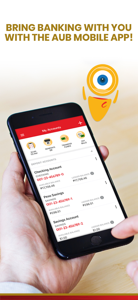A person holding a smartphone displaying the AUB mobile app account dashboard with checking and savings balances