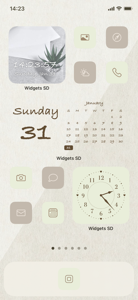Widgets SD - Photo & Calendar - Aesthetic iPhone home screen layout featuring Widgets SD photo, calendar, and clock widgets in neutral tones.