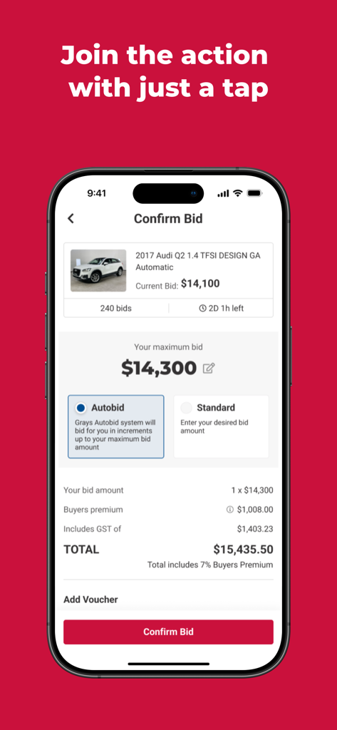 A mobile interface of the Grays auction app showing a bid confirmation screen for a 2017 Audi Q2 with an autobid option.