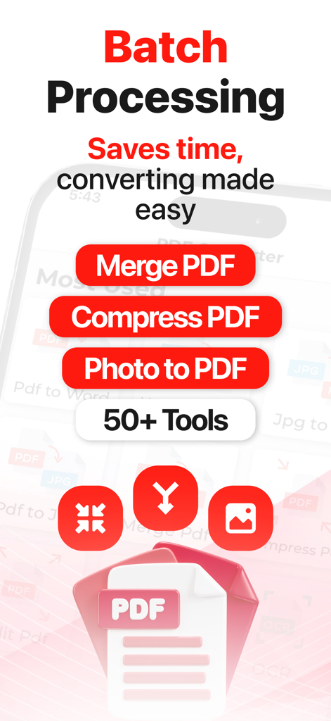 PDF Converter Ai app screen showing batch processing and PDF tools like merge and compress
