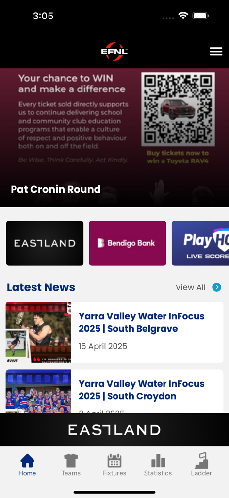 EFNL league app home screen showing latest news and navigation options