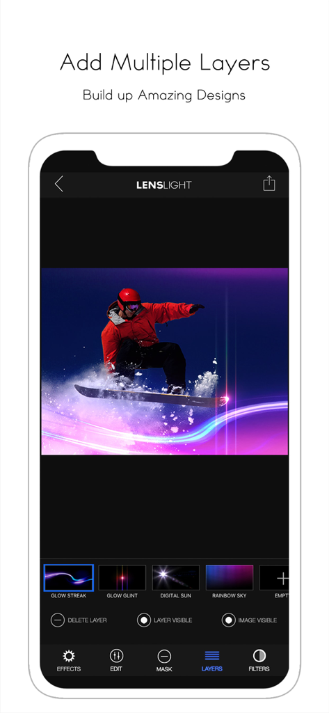 LensLight Visual Effects - Snowboarder action photo being edited with multiple light effect layers in the LensLight app interface.