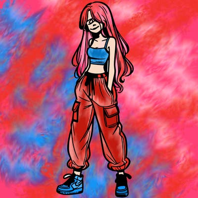 girl in baggy pants crop top and long hair