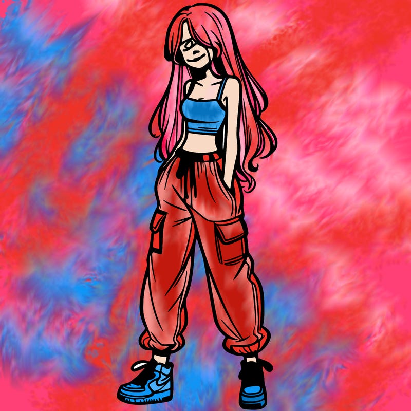 girl in baggy pants crop top and long hair