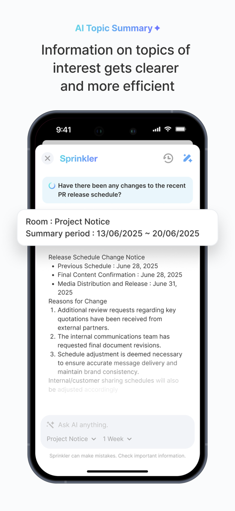 Smartphone screen showing the JANDI app AI Topic Summary feature for project updates