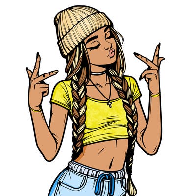 realistic teenage girl with braids and a beanie and crop top doing 🫶🏼