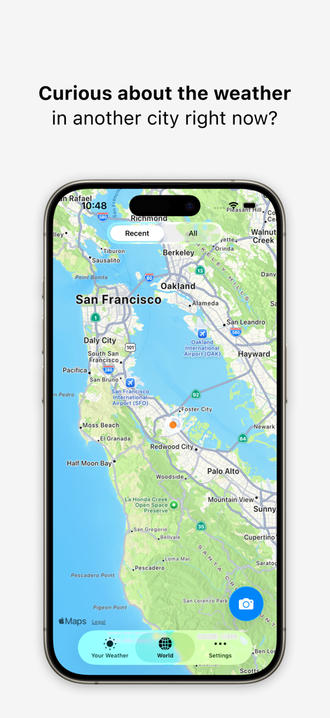Your Weather. - Oberfläche der Your Weather-App, die eine Karte von San Francisco mit Pins für geteilte Himmelsfotos zeigt.