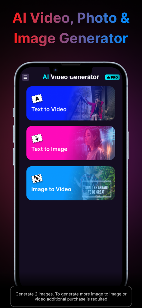 AI Video,Art & Image Generator - AI 영상 및 이미지 생성기 앱 홈 화면, 텍스트-비디오 및 텍스트-이미지 기능을 위한 버튼 포함