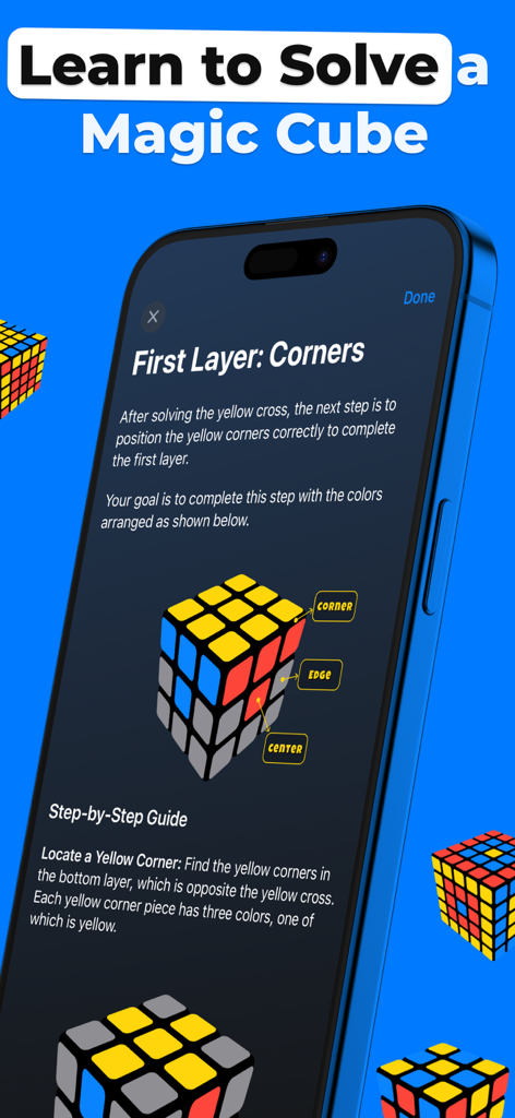 Cube Solver for Rubik's Puzzle - Un guide étape par étape dans l'application Cube Solver pour apprendre à résoudre les coins de la première couche.