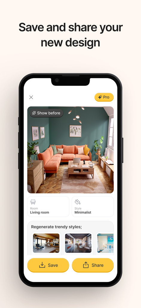 Un smartphone que muestra la interfaz de la aplicación Redesign AI con un rediseño de sala de estar minimalista y opciones para guardar o compartir.