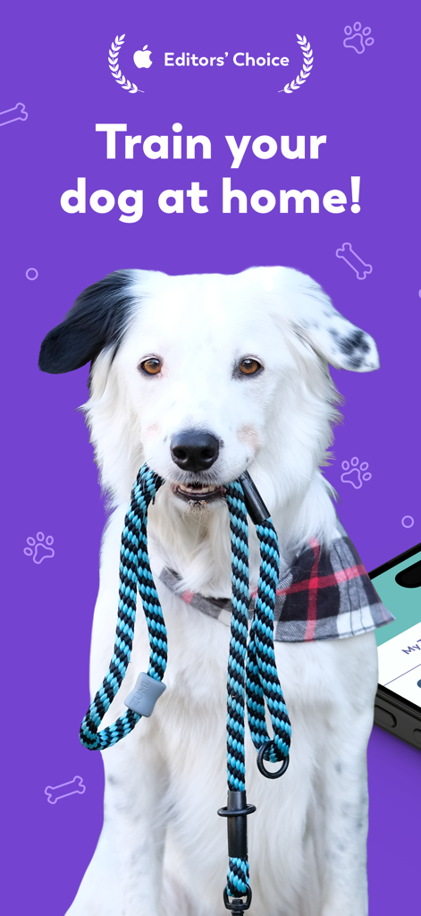 Puppr - Dog Training & Tricks - A dog holding a leash in its mouth with the text Train your dog at home on a purple background