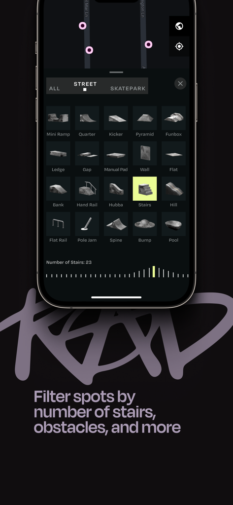 ShredSpots app screen showing skate spot filters for obstacles and stair counts