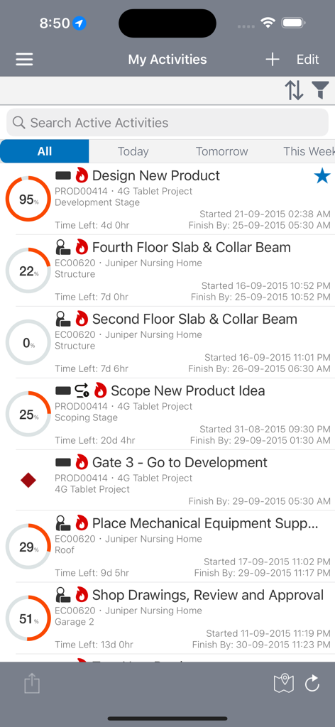 Interface do aplicativo móvel Oracle Primavera P6 EPPM mostrando uma lista de atividades do projeto com porcentagens de progresso e prazos