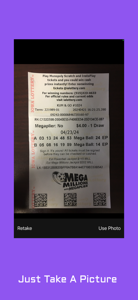 A user taking a photo of an Iowa Lottery Mega Millions ticket using the app scanner feature