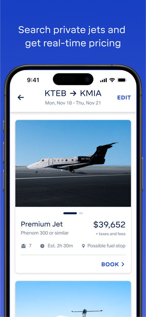 Wheels Up - Wheels Up app screen showing search results for a private jet from Teterboro to Miami with real-time pricing and aircraft details.