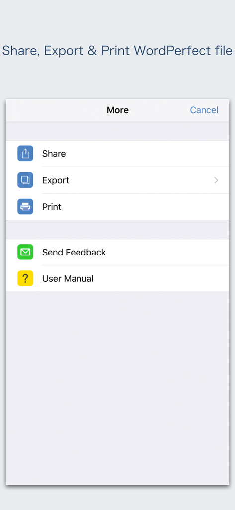 A menu in the WPD Reader app showing options to share, export, and print WordPerfect files.