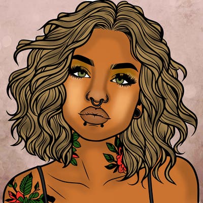 realistic woman with septum piercing and wavy hair and tattoos