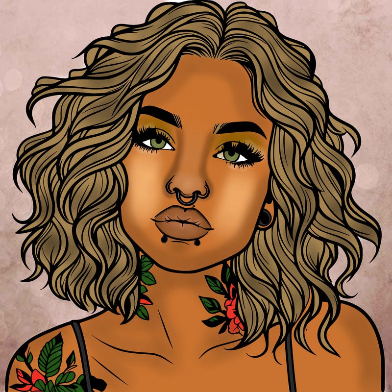 realistic woman with septum piercing and wavy hair and tattoos