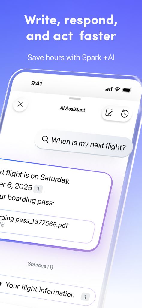 Spark AIアシスタントがフライト詳細に関するクエリに応答し、メールアプリ内に搭乗券を表示
