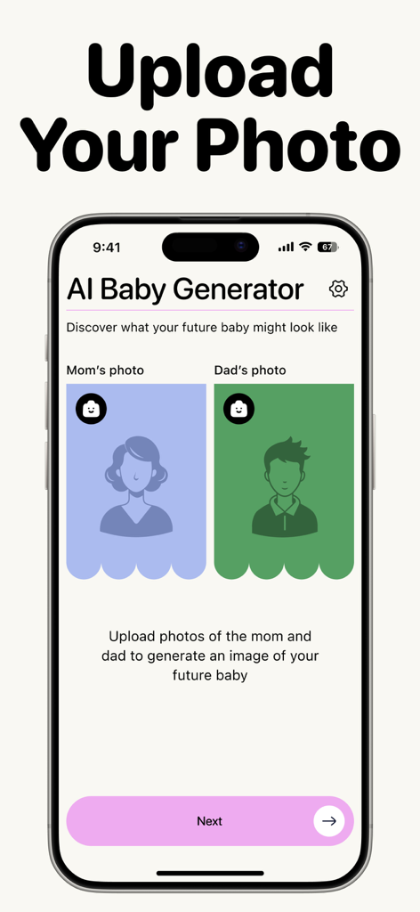 Interface of the AI Baby Face Generator app showing the step to upload photos of the mom and dad.
