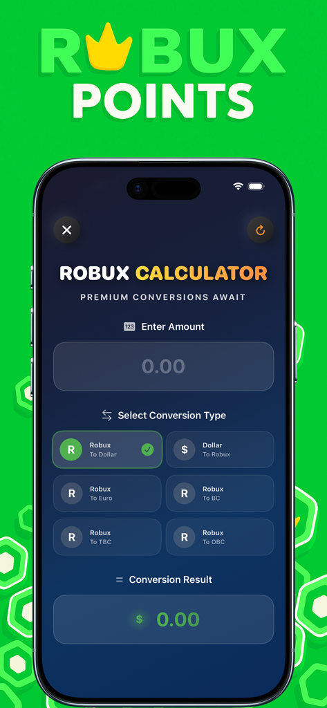 Robux Points | for Roblox ™ - Interfaccia del calcolatore Robux all'interno dell'app Robux Points che mostra le opzioni di conversione.