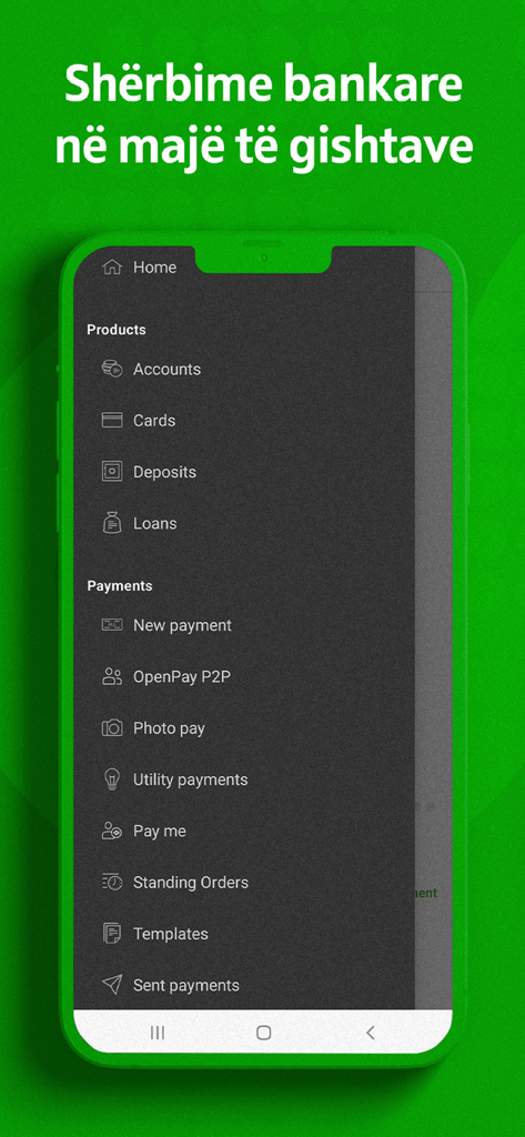 OTP Bank Albania - OTP Bank Albania mobile app navigation menu with banking and payment services