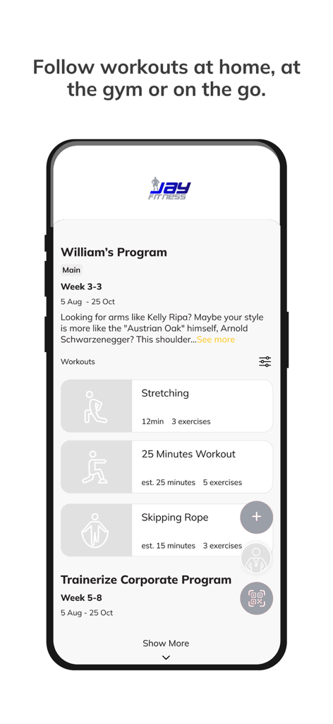 Jay Fitness - Jay Fitness app interface displaying a personalized training plan with various workout sessions.