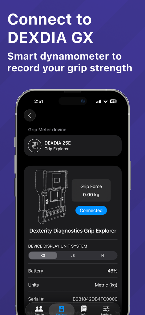 GripMeter Physio - Grip Tester - Interfaz de la aplicación GripMeter Physio que muestra una conexión exitosa a un dinamómetro inteligente DEXDIA GX.