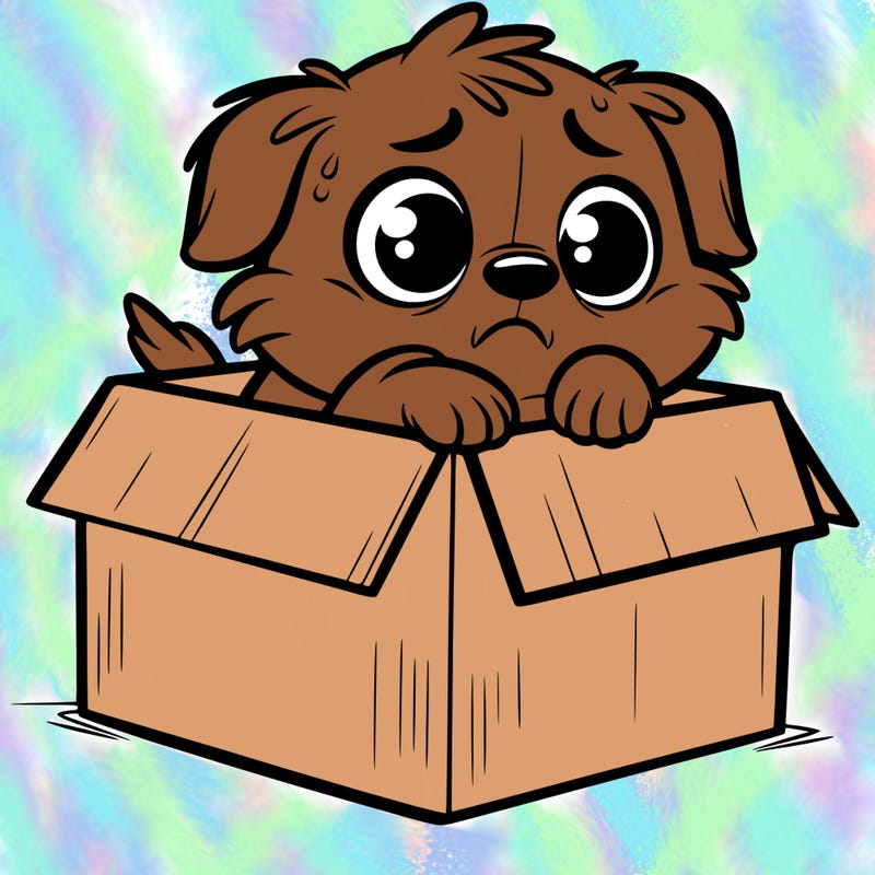 a little dog who is really scared in a box