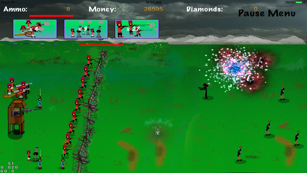 Final Stand: Waterloo - Una línea defensiva de soldados de casaca roja y cañones repeliendo oleadas de enemigos con una gran explosión brillante en un campo de batalla 2D