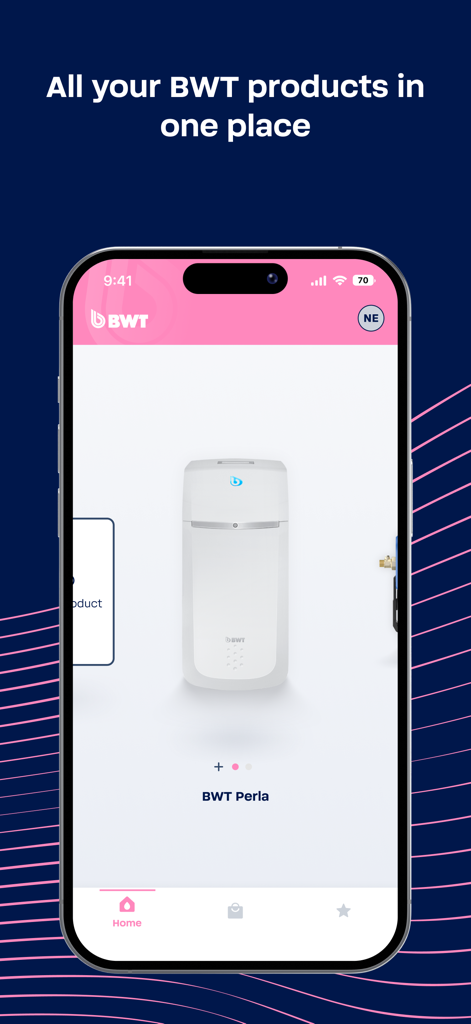 BWT Best Water App home screen showing a BWT Perla water filtration device