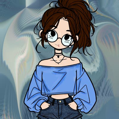 girl with a messy ponytail glasses a baggy crop top and jean shorts