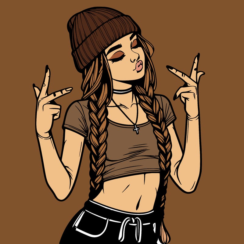 realistic teenage girl with braids and a beanie and crop top doing 🫶🏼