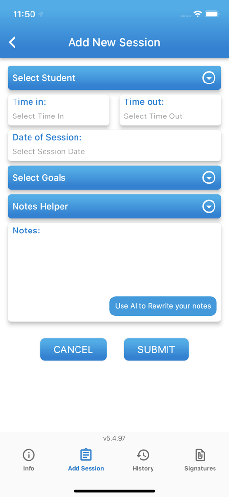 Schermata "Aggiungi nuova sessione" nell'app DRAGON Special Ed per registrare i dettagli e le note della sessione dello studente.